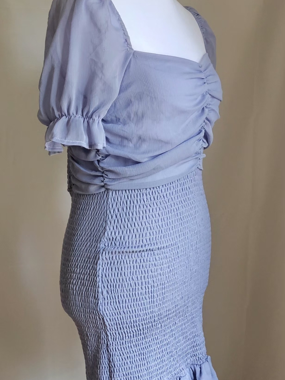 SHE + SKY Periwinkle Blue Smocked Bodycon Mini Dress Chiffon Ruched Bust Size S - Picture 4 of 15